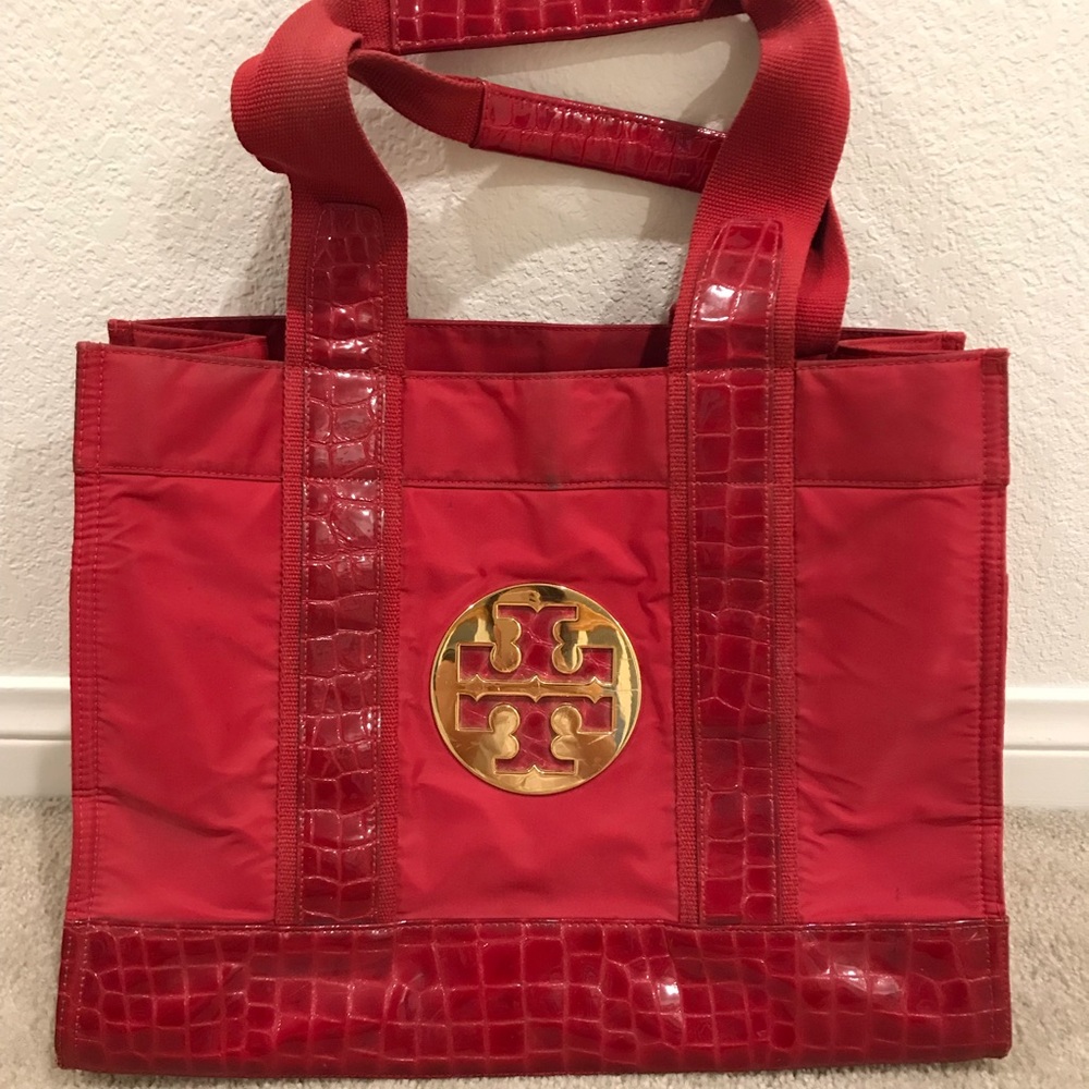 Authentic Tory Burch red nylon croc print tote